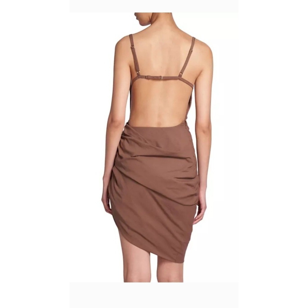 Jacquemus Brown Ruched‎ Asymmetrical Hem Spaghetti Strap Dress - Picture 4 of 16